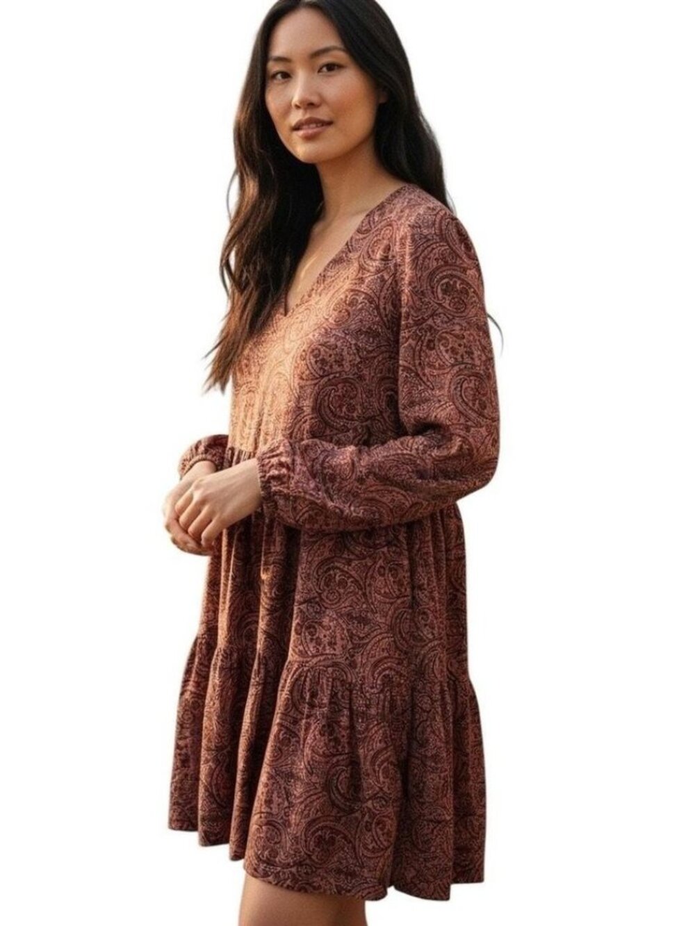 Lucky Brand Rust Paisley Tiered Babydoll V Neck Flowy Boho Dress Sz S